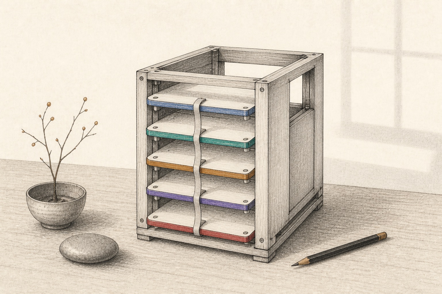Five colored plates stacked as one chassis, with a continuous paper log.